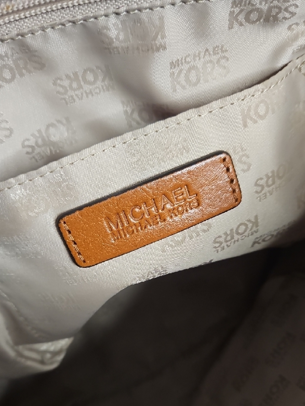 Michael Kors Coral Canvas Tote with Tan Leather Trim and MK Charm - Picture 10 of 15